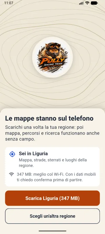 Primo avvio: «Le mappe stanno sul telefono», Sei in Liguria, 347 MB, con il pulsante Scarica Liguria e Scegli un'altra regione.