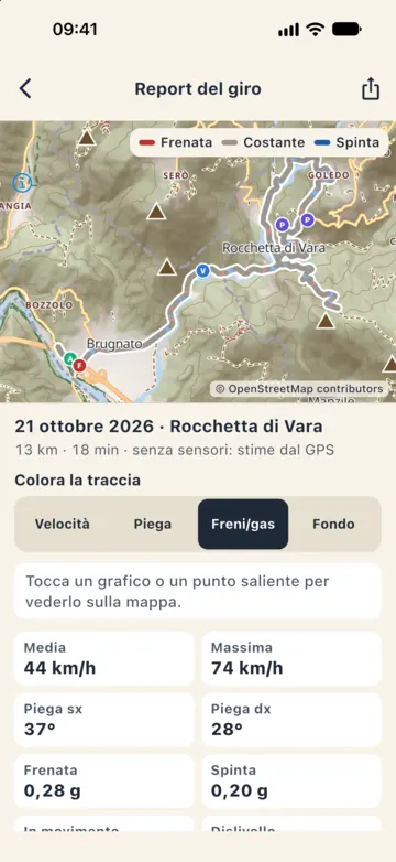 Report colorato per freni e gas: frenata in rosso, costante in grigio, spinta in blu, con i punti salienti sulla mappa.