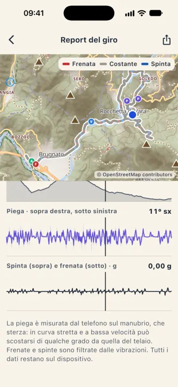Grafici del report: piega sopra destra e sotto sinistra, spinta e frenata in g, con il cursore verticale sullo stesso punto in entrambi i grafici.