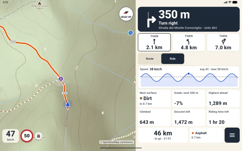 Tablet navigation with the Ride chart: speed during the ride, average 43 and max 58 km/h.