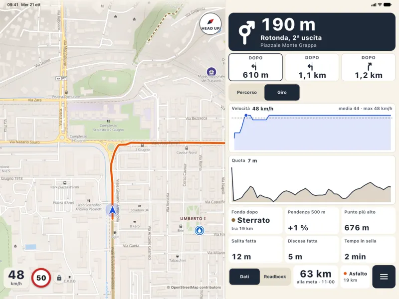 Tablet in navigazione con il grafico «Giro»: velocità durante il giro, media 44 e massima 48 km/h, e sotto la quota.