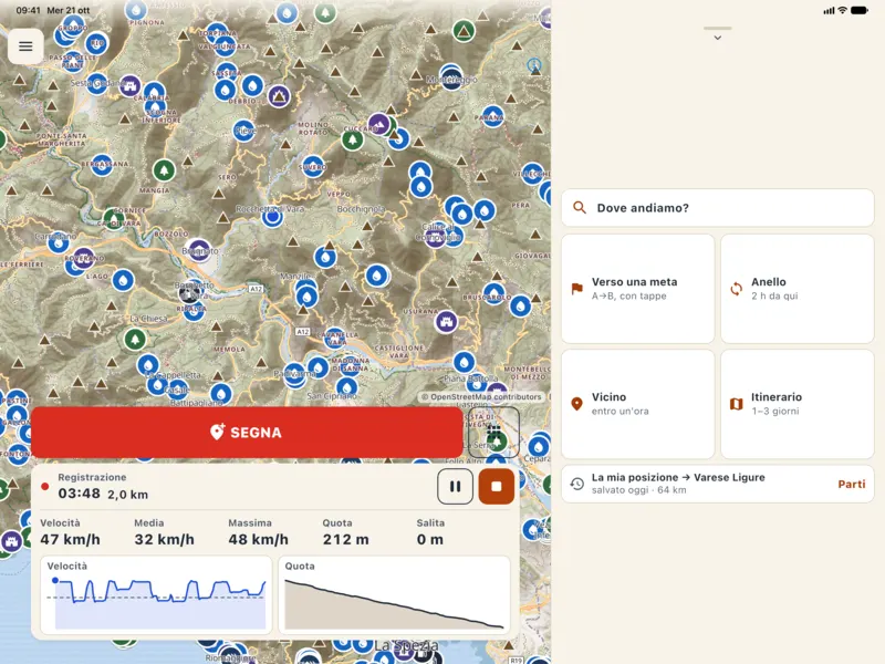 Giro libero su tablet con cruscotto: velocità, media, massima, quota e salita, e sotto i grafici di velocità e quota.