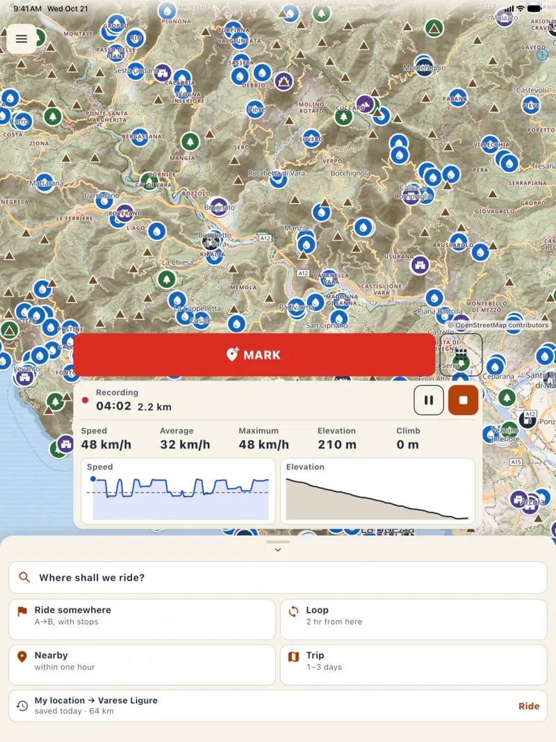 Free ride on a tablet with a dashboard: speed, average, max, altitude and climb, with speed and altitude charts.