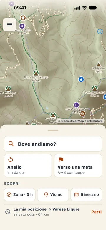 Carta topografica accesa sul Monte Gottero: rilievo, curve di livello, piste, cime con la quota come Monte Passo del Lupo 1505 m e Monte Teccio al Sole 1533 m.