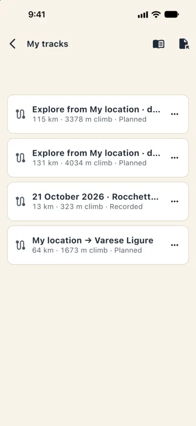 My tracks: saved, imported and recorded rides.
