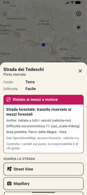 Scheda «Vedi la strada»: Strada dei Tedeschi, pista sterrata, fondo terra, difficoltà facile, vietata ai mezzi a motore perché strada forestale.